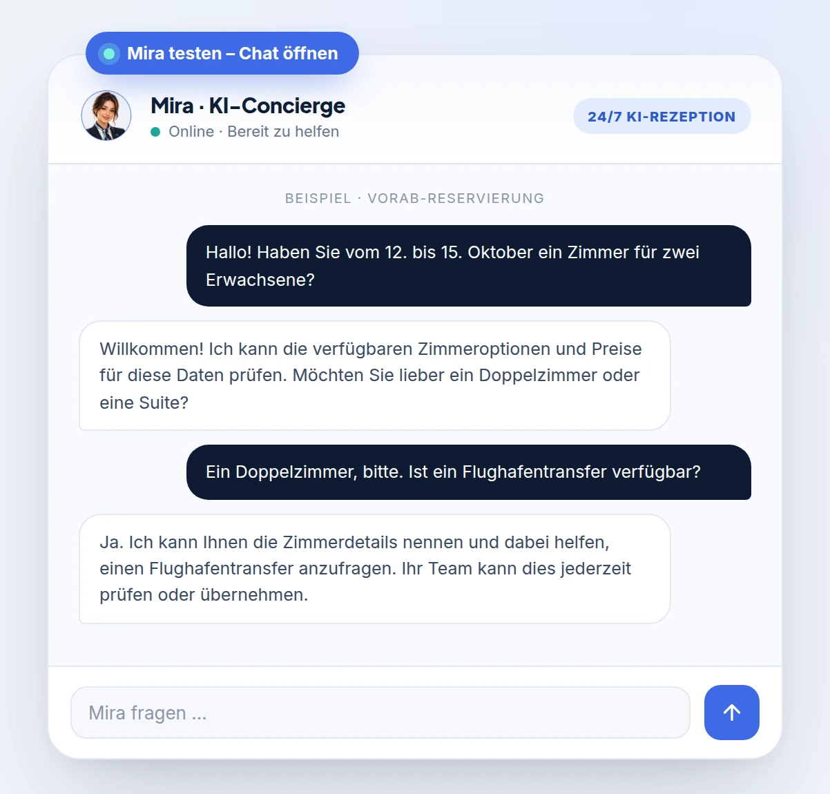 Mira · KI-Concierge — Beispiel für ein Gespräch vor der Reservierung. Klicken Sie, um den echten Assistenten zu testen.