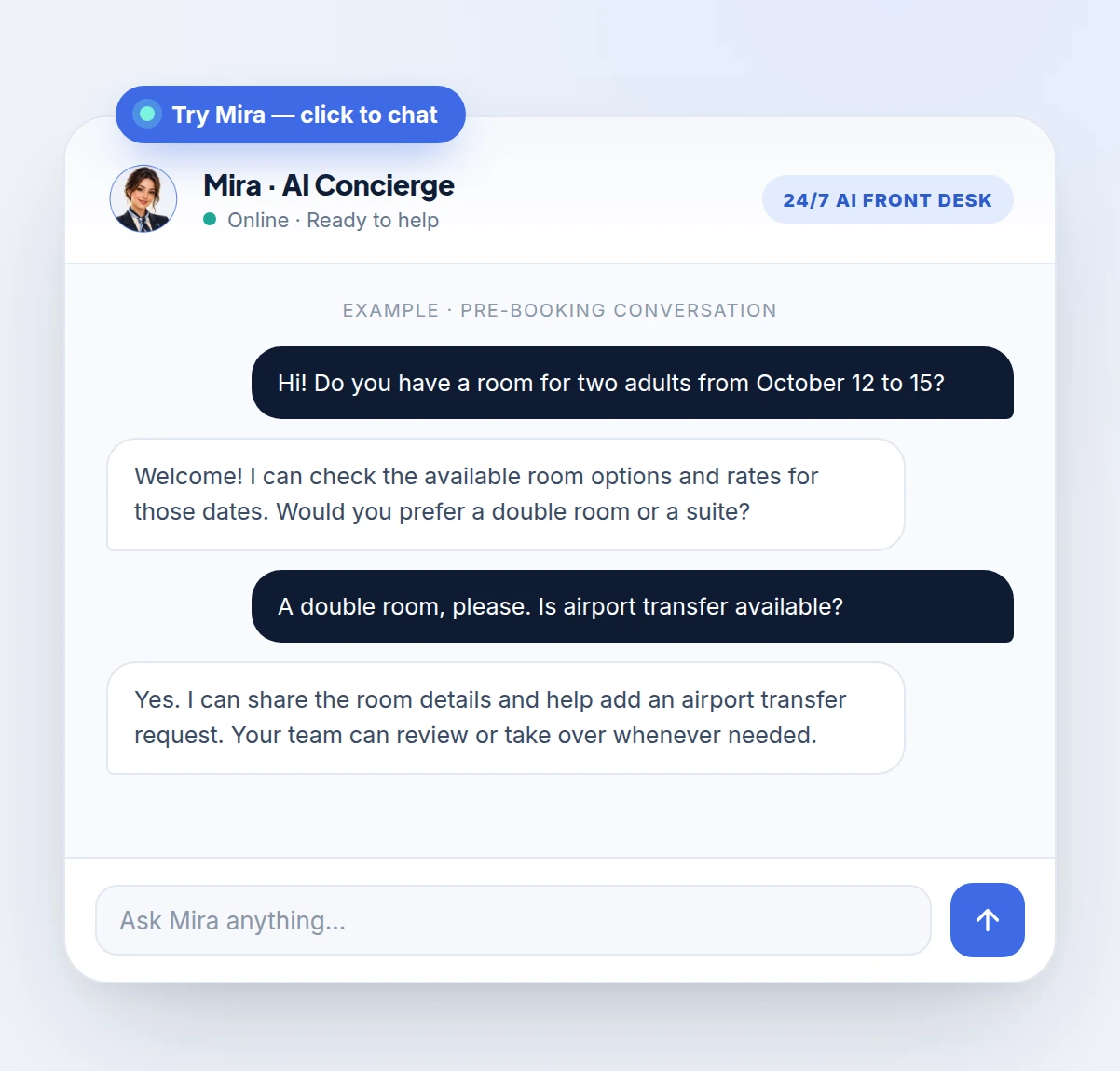 Mira · AI Concierge — example pre-booking conversation. Click to try the real assistant.